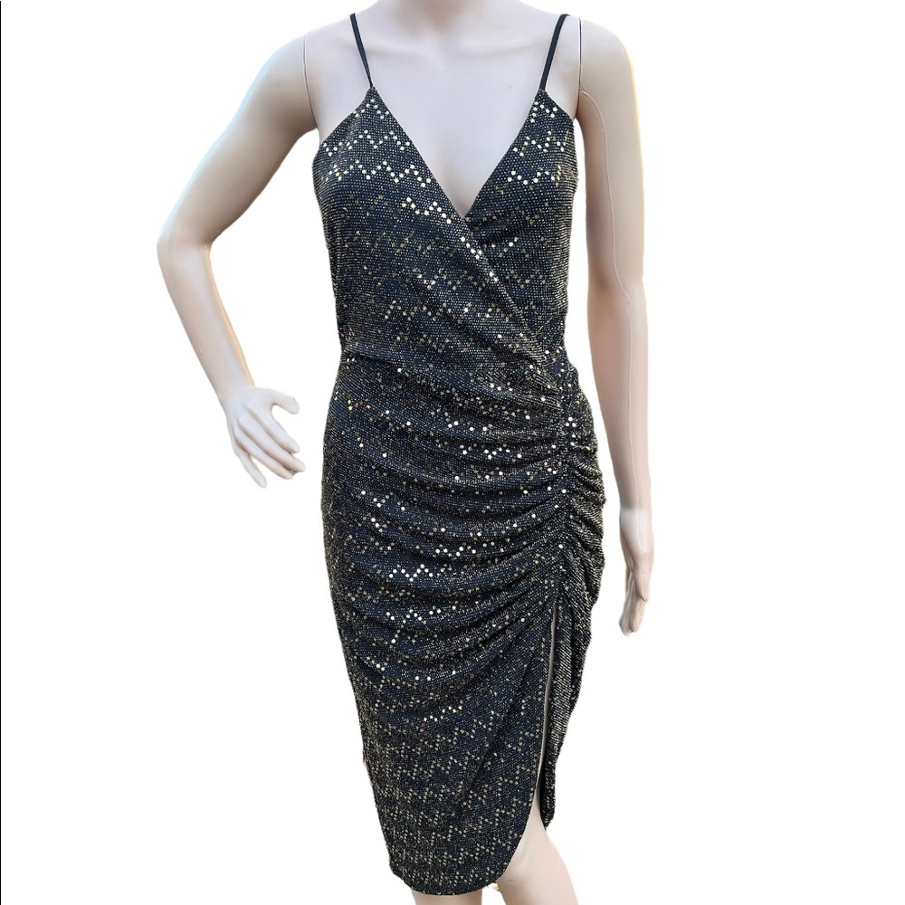 OLIVE Gold Black Bodycon Dress Open Back Cocktail Sparkle Metallic